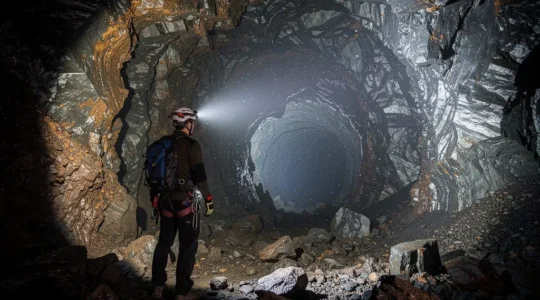 Spéléologue explorant un tunnel de lave avec une lumière frontale dans les profondeurs du volcan de La Réunion