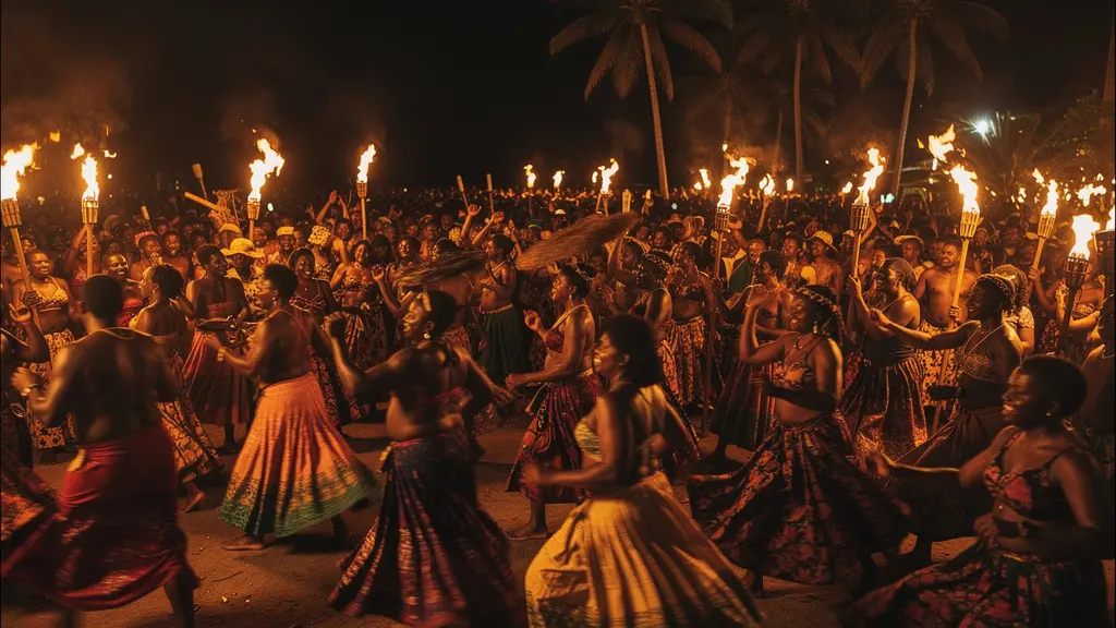 Foule dansant le Maloya de nuit éclairée par des torches lors de la Fêt Kaf