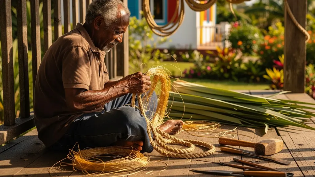 Artisan réunionnais tressant des fibres de choca sous une varangue traditionnelle