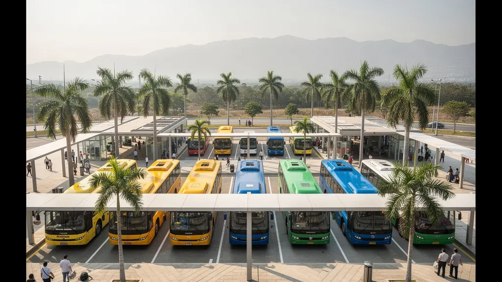 Vue aérienne de la gare routière moderne avec plusieurs bus jaunes et urbains en correspondance