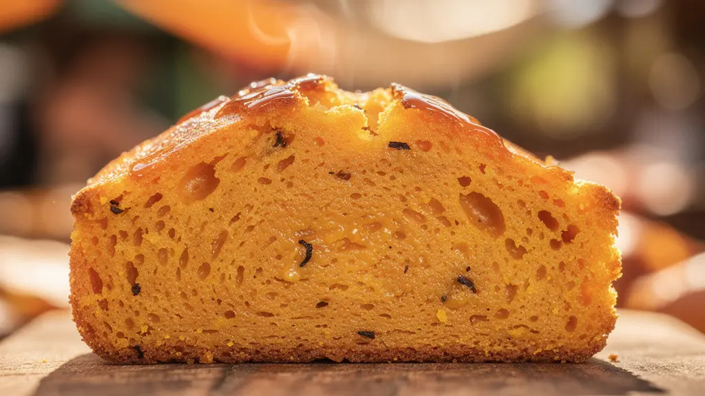 Gros plan macro sur la texture dorée et moelleuse d'une tranche de gâteau patate avec vapeur s'échappant