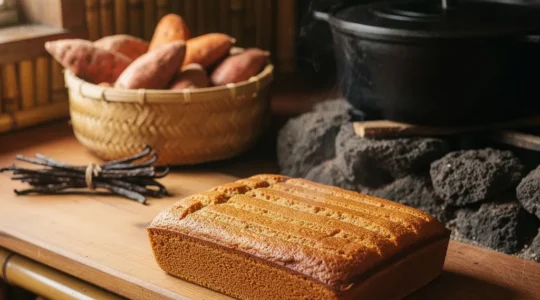 Gâteau patate doré fait maison sur plan de travail en bois avec patates douces fraîches et vanille à La Réunion
