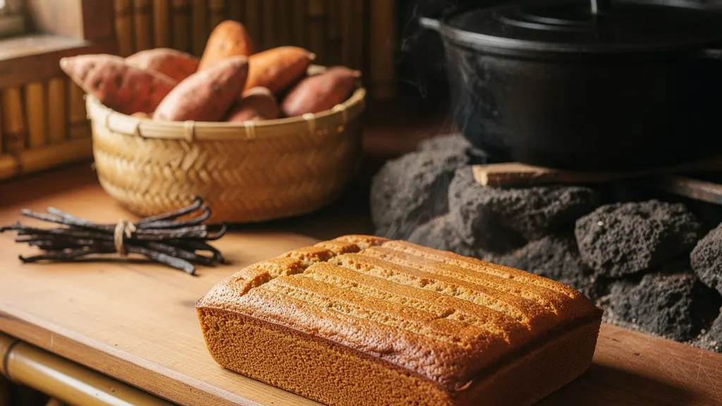 Gâteau patate doré fait maison sur plan de travail en bois avec patates douces fraîches et vanille à La Réunion