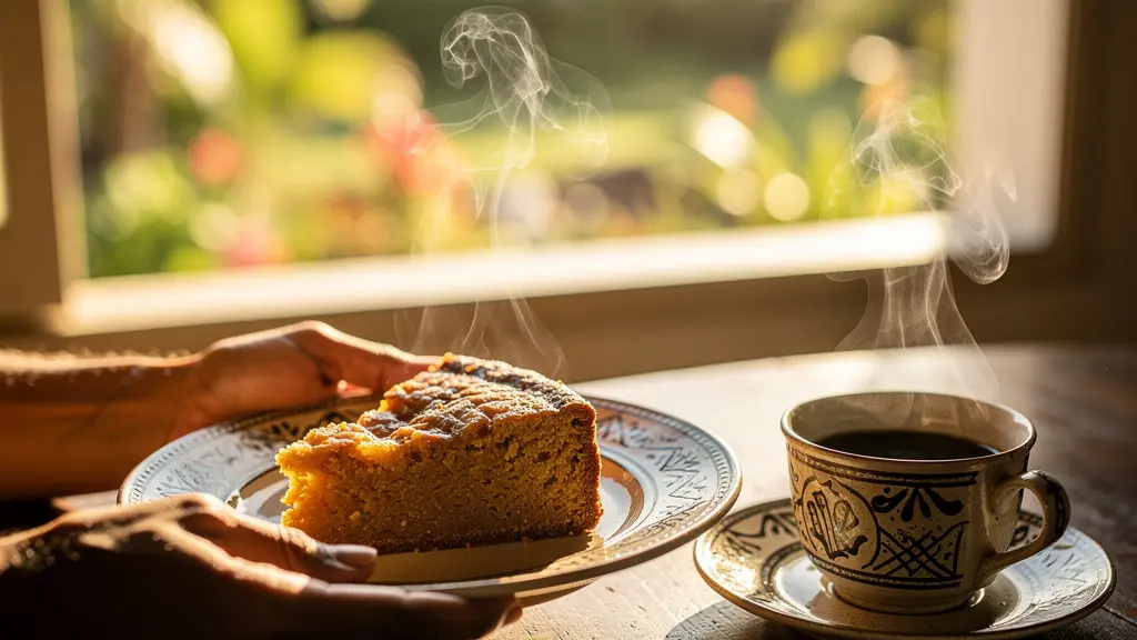 Part de gâteau patate tiède sur assiette créole avec tasse de café noir fumant