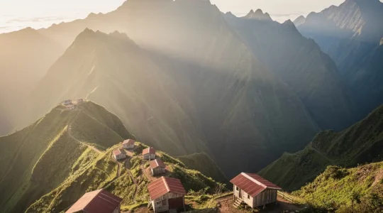 Vue aérienne d'un gîte de montagne créole niché dans le cirque de Mafate à La Réunion, entouré de pitons verdoyants et de remparts abrupts