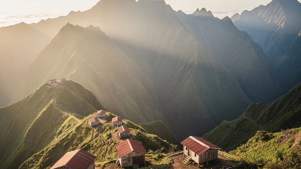 Vue aérienne d'un gîte de montagne créole niché dans le cirque de Mafate à La Réunion, entouré de pitons verdoyants et de remparts abrupts