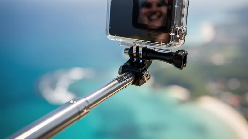 Gros plan sur une perche télescopique avec caméra montrant le passager souriant en parapente avec le lagon en arrière-plan