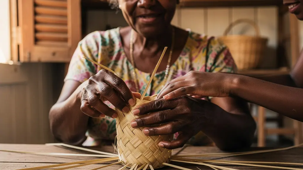 Portrait intime d'une grand-mère créole transmettant un savoir traditionnel à une jeune personne dans une case créole