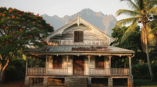 Vue majestueuse d'une grande case créole traditionnelle réunionnaise avec sa varangue caractéristique et ses lambrequins ouvragés, témoins de l'histoire coloniale de l'île