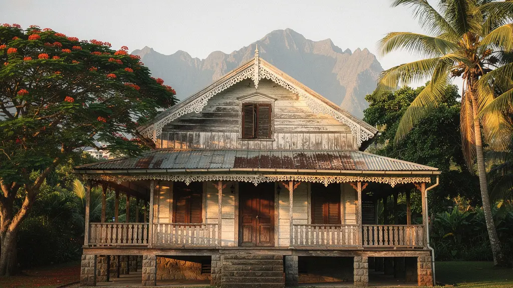 Vue majestueuse d'une grande case créole traditionnelle réunionnaise avec sa varangue caractéristique et ses lambrequins ouvragés, témoins de l'histoire coloniale de l'île