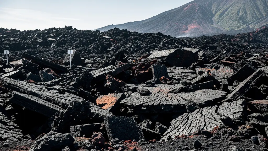 Vue rapprochée de plaques de lave aa instables et coupantes dans l'Enclos Fouqué