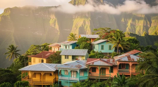 Vue panoramique du village de Hell-Bourg avec ses cases créoles colorées nichées dans le cirque de Salazie