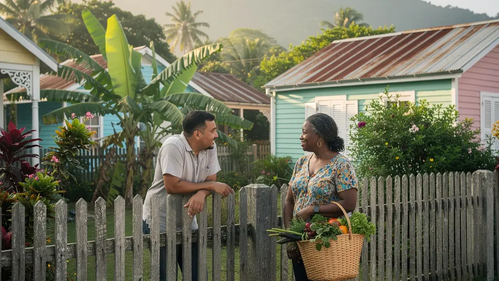 Vue environnementale d'une conversation entre voisins par-dessus une clôture en bois dans un quartier créole, capturant l'essence du kozman la baro