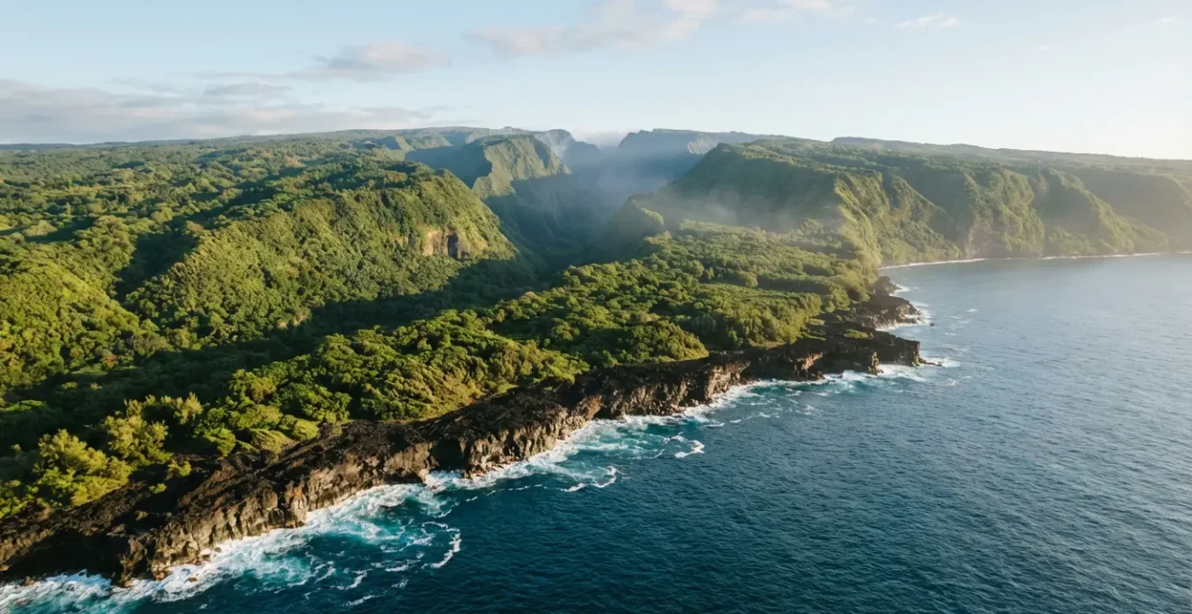 Vue aérienne spectaculaire de La Réunion montrant le littoral sauvage, les cirques verdoyants et le volcan au loin sous un ciel tropical