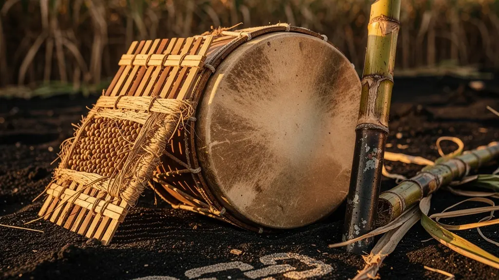 Vue rapprochée des instruments traditionnels du Maloya posés sur le sol volcanique de La Réunion, baignés dans une lumière dorée