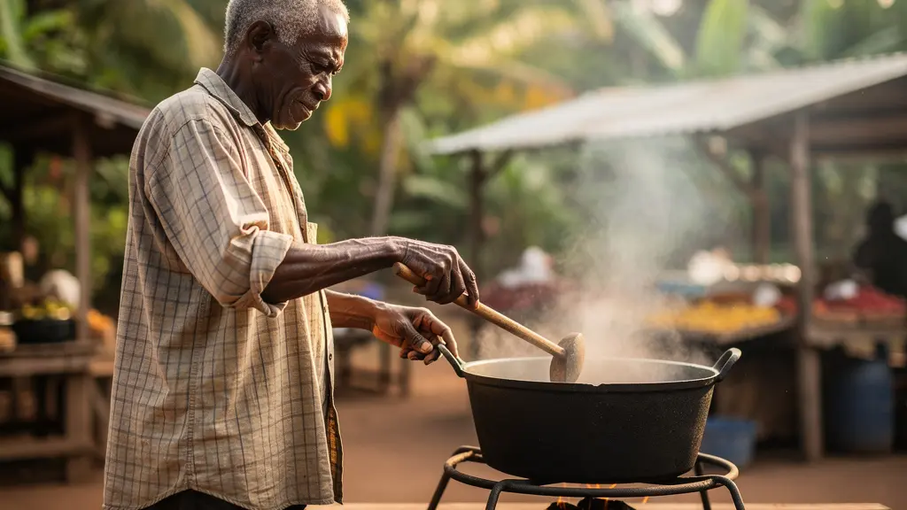 Grande marmite en fonte sur son trépied traditionnel avec fumée de bois caractéristique