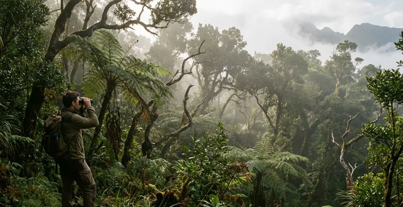 Observateur discret dans la forêt dense de la Roche Écrite observant avec des jumelles depuis une distance sécuritaire