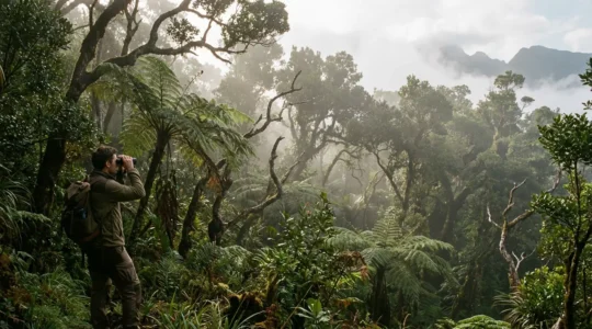 Observateur discret dans la forêt dense de la Roche Écrite observant avec des jumelles depuis une distance sécuritaire