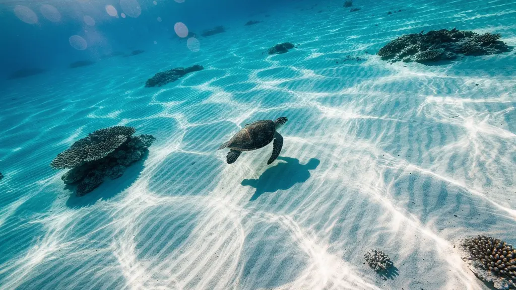 Vue aérienne montrant l'ombre d'une tortue marine dans le lagon cristallin