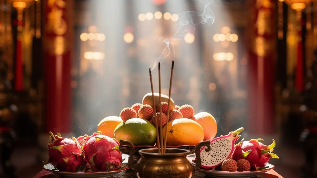 Autel de temple chinois avec offrandes de fruits tropicaux et bâtons d'encens fumants