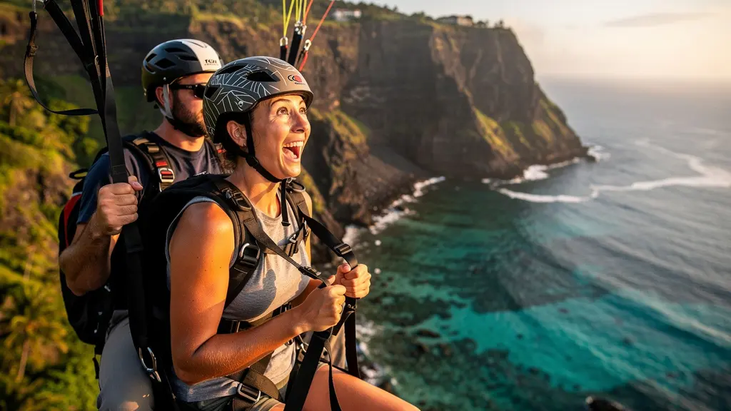 Passager et moniteur en parapente tandem au-dessus du lagon turquoise de Saint-Leu avec vue sur les reliefs volcaniques de La Réunion
