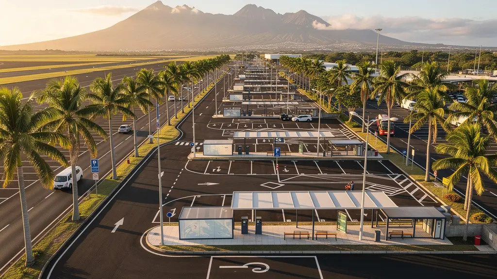 Vue aérienne du parking de l'aéroport Roland Garros avec zones de navettes et palmiers