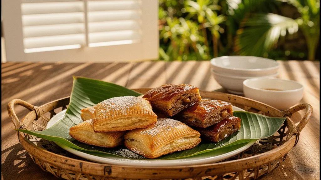 Vue gourmande de pâtisseries créoles traditionnelles de La Réunion avec chemin de fer et pâté créole