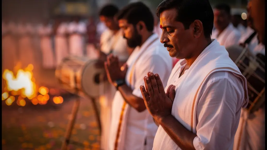 Pénitents en tenue blanche traditionnelle traversant les braises lors d'une marche sur le feu à La Réunion