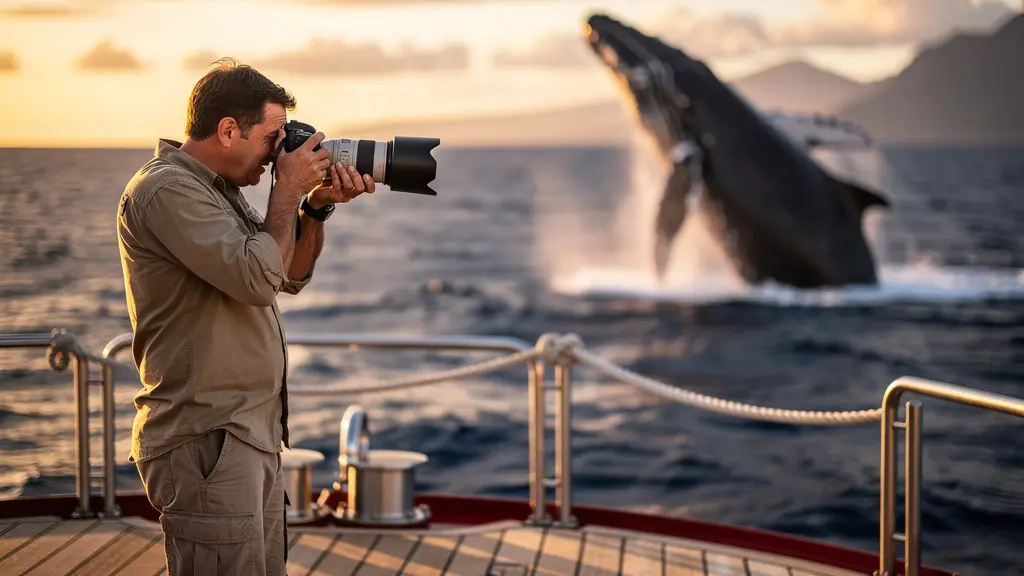 Photographe animalier sur un bateau utilisant un téléobjectif pour capturer un saut de baleine à La Réunion