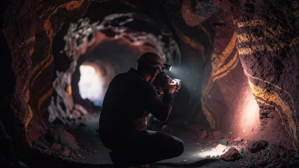 Photographe capturant les couleurs des parois volcaniques avec un appareil photo dans un tunnel de lave