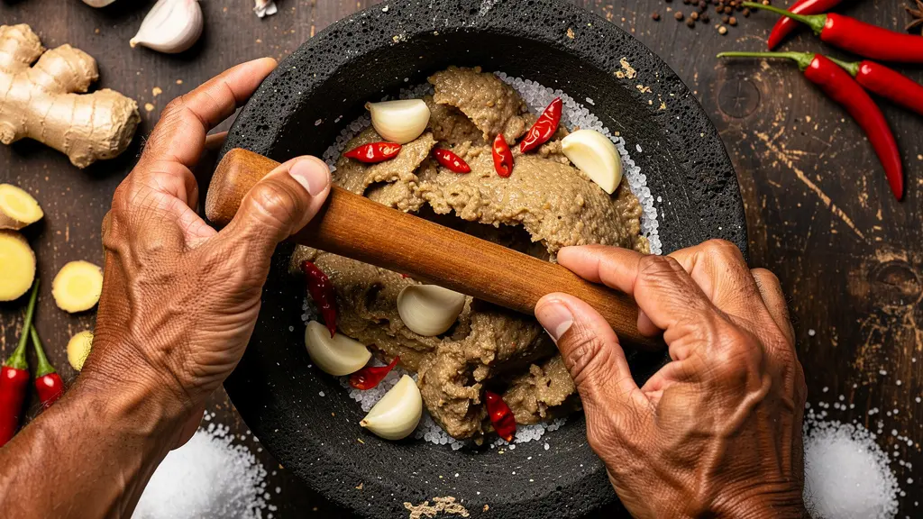 Mortier traditionnel en pierre volcanique avec ail, gingembre et piment pilés ensemble