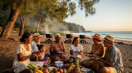 Ambiance chaleureuse d'un pique-nique créole sous les filaos avec une famille multigénérationnelle réunionnaise partageant un carry autour du feu de bois