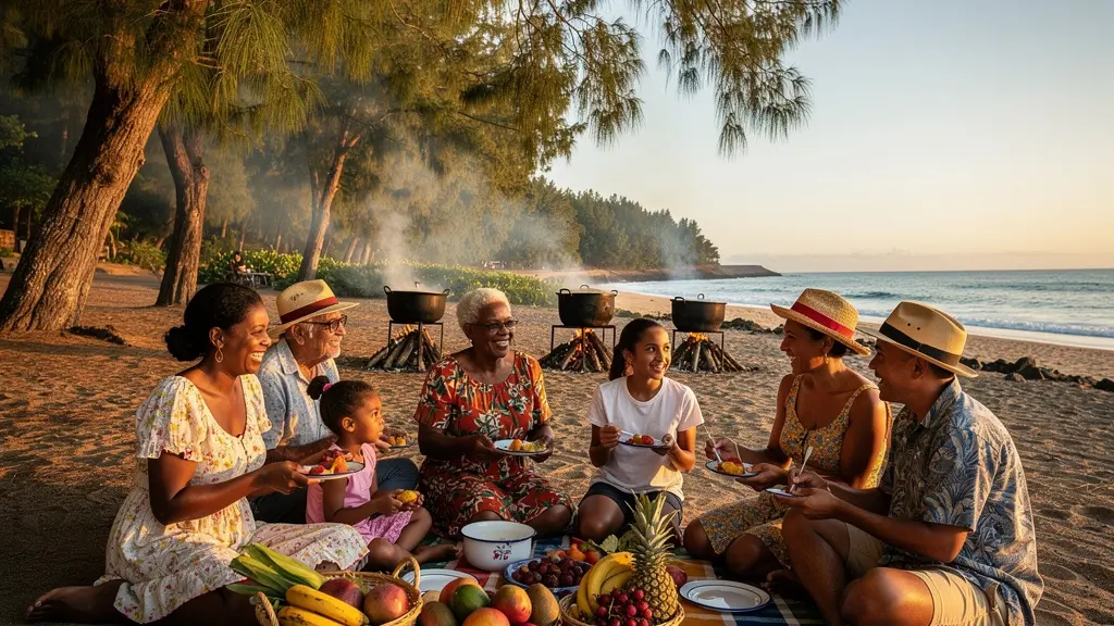 Ambiance chaleureuse d'un pique-nique créole sous les filaos avec une famille multigénérationnelle réunionnaise partageant un carry autour du feu de bois