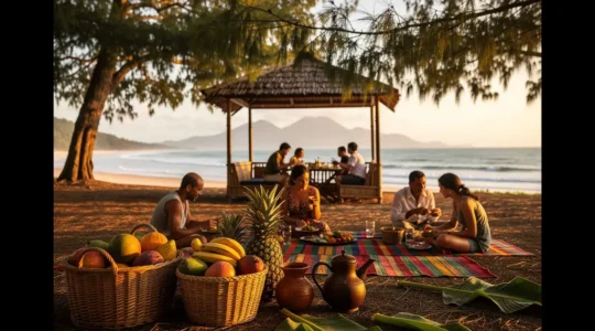 Pique-nique dominical traditionnel réunionnais dans un kiosque en bord de mer