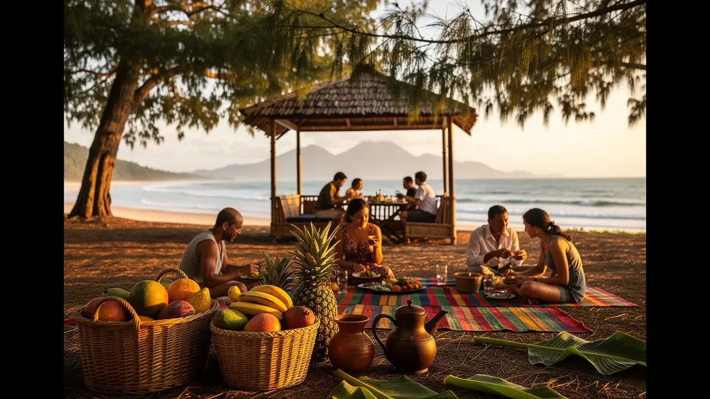 Pique-nique dominical traditionnel réunionnais dans un kiosque en bord de mer