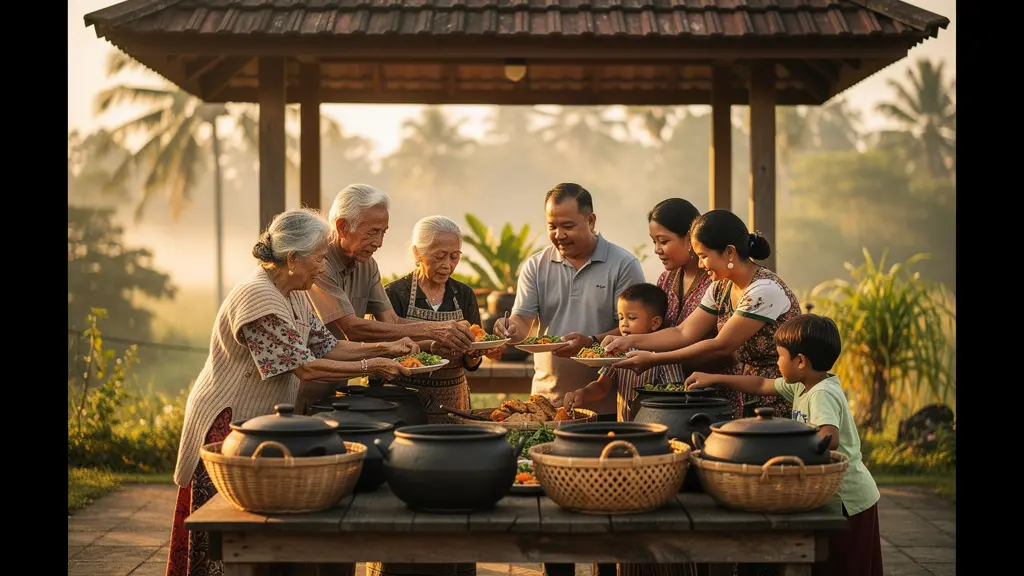 Famille préparant un pique-nique sous un kiosque traditionnel