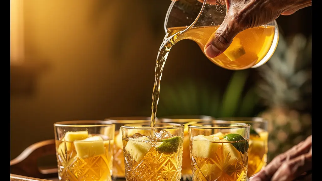 Gros plan sur des mains versant un punch traditionnel dans des verres lors de l'accueil en table d'hôtes à La Réunion