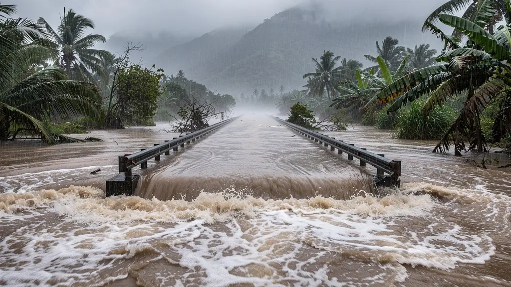 Vue d'un radier submergé par les eaux torrentielles à La Réunion, montrant le danger.