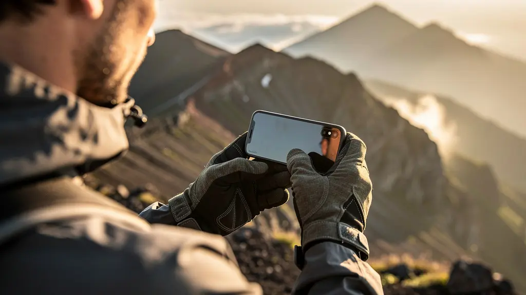 Randonneur vérifiant les conditions météo sur son smartphone avant l'ascension du volcan