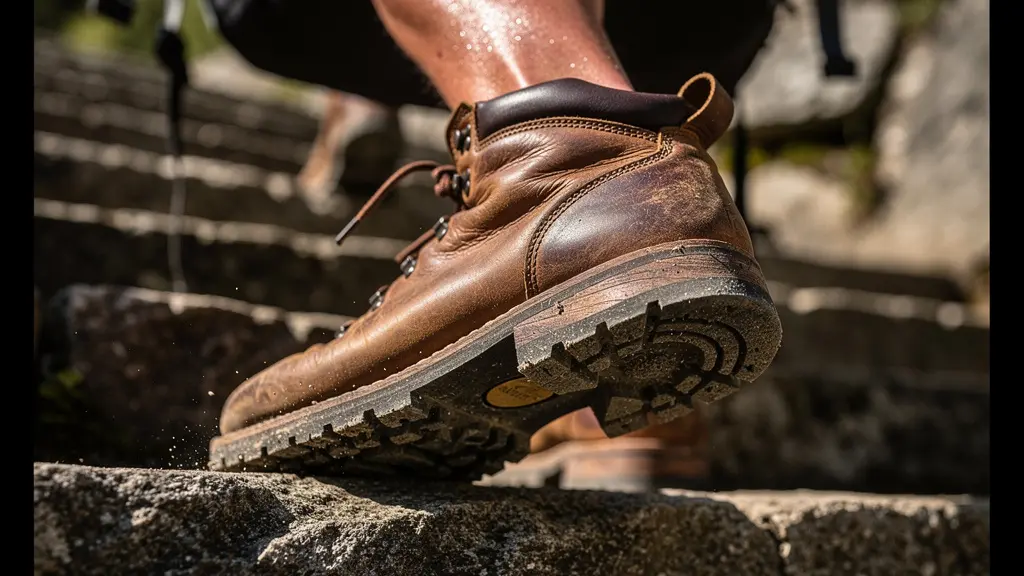 Randonneur avec sac à dos chargé montant des escaliers extérieurs en pierre pour s'entraîner aux dénivelés
