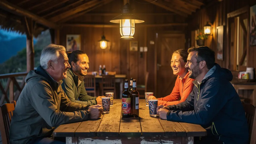 Groupe de randonneurs partageant un moment convivial autour d'une table en bois dans un gîte de Mafate, éclairés par la lumière chaleureuse des lampes solaires
