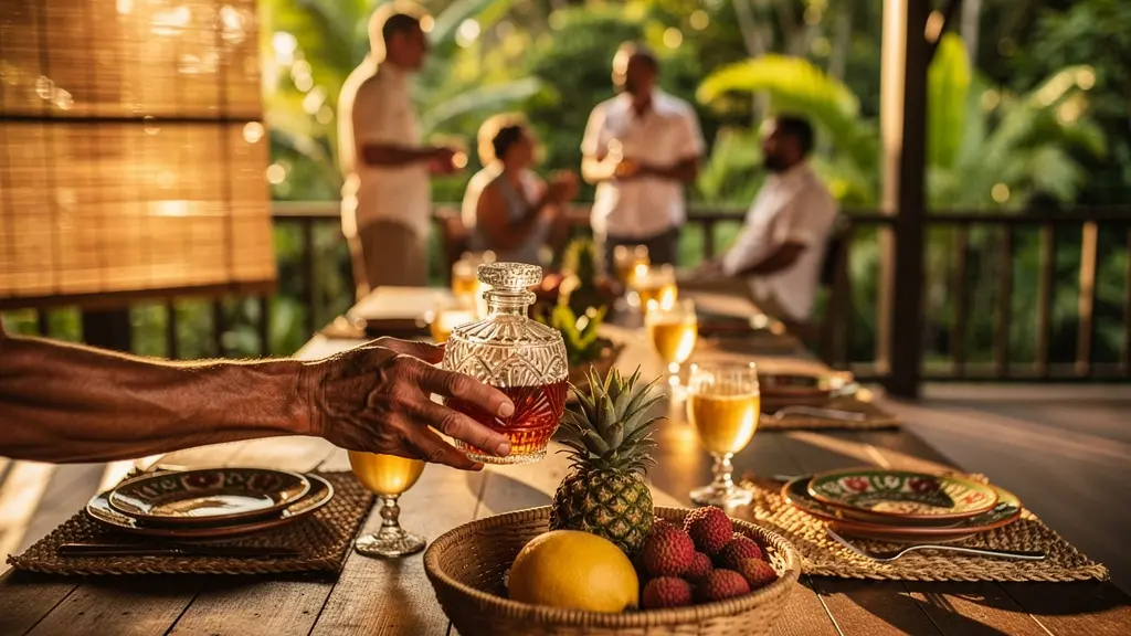 Vue d'ensemble d'une table créole dressée pour un repas en table d'hôtes à La Réunion avec punch d'accueil et plats traditionnels