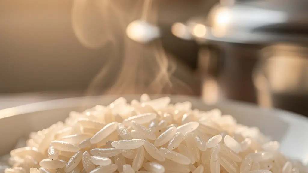 Riz parfaitement cuit aux grains séparés sortant de l'autocuiseur avec de la vapeur