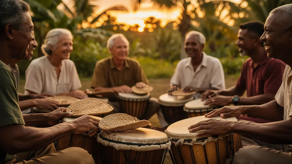 Cercle de musiciens jouant du maloya avec kayamb et roulèr