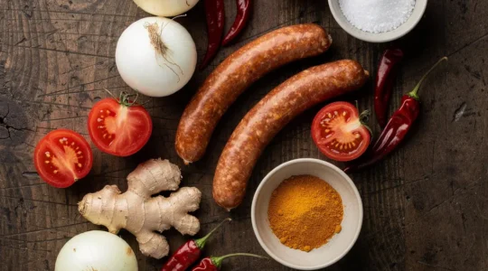 Composition de saucisses fumées avec tomates fraîches, oignons, gingembre et épices réunionnaises sur une surface en bois