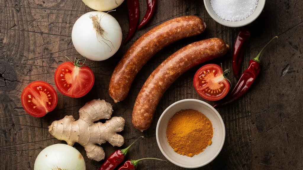 Composition de saucisses fumées avec tomates fraîches, oignons, gingembre et épices réunionnaises sur une surface en bois