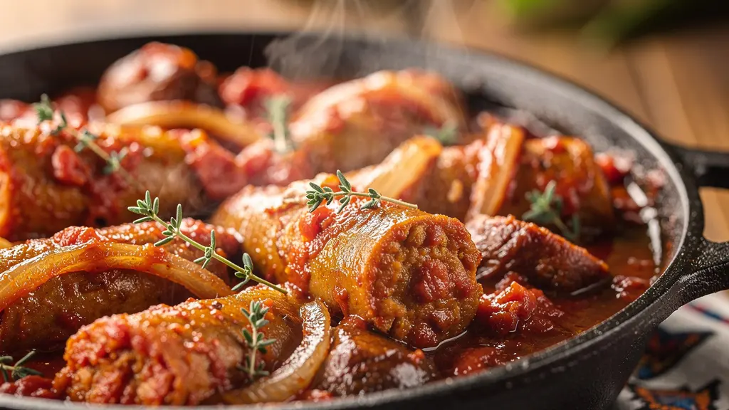 Marmite traditionnelle en fonte contenant un rougail saucisse riche et crouté avec des morceaux de saucisse dorés et une sauce tomate épaisse