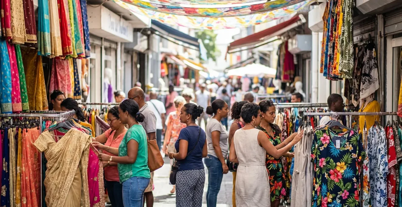 Rue commerçante animée montrant la diversité des boutiques textiles à La Réunion