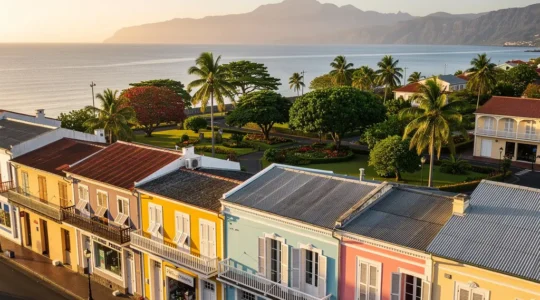 Vue panoramique du centre historique de Saint-Denis avec ses bâtiments coloniaux colorés et le Barachois en arrière-plan au coucher du soleil