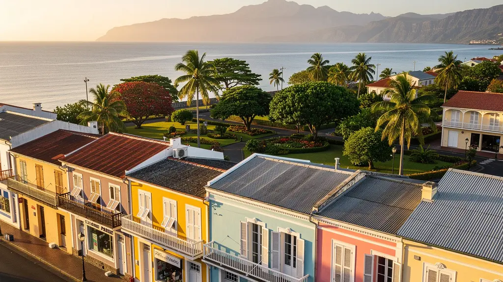 Vue panoramique du centre historique de Saint-Denis avec ses bâtiments coloniaux colorés et le Barachois en arrière-plan au coucher du soleil